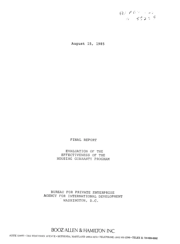 Final report : evaluation of the effectiveness of the housing guaranty program