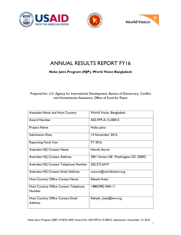 FY16 ARR Component A - Narrative WV Bangladesh Nobo Jatra