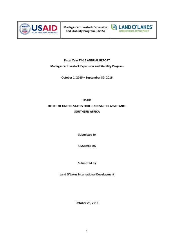 Fiscal Year 2016 Annual Report Madagascar Livestock Expansion and Stability Program