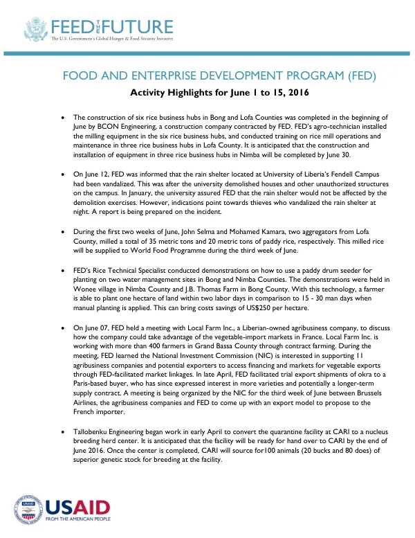FOOD AND ENTERPRISE DEVELOPMENT PROGRAM (FED) Activity Highlights for June 1 to 15, 2016