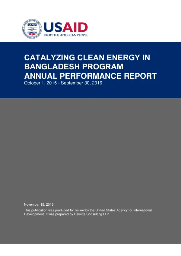 CATALYZING CLEAN ENERGY IN BANGLADESH PROGRAM ANNUAL PERFORMANCE REPORT