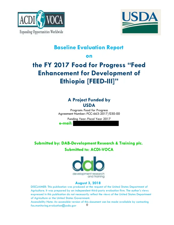 [USDA] Baseline evaluation report on the FY 2017 food for progress “feed enhancement for development of Ethiopia [FEED-III]"