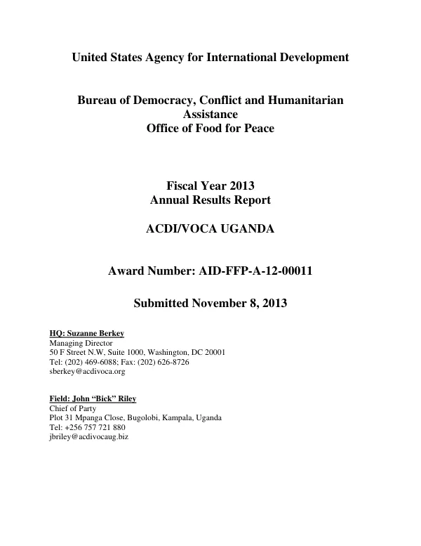 Resiliency through Wealth, Nutrition and Agriculture (RWANU) Fiscal Year 2013 Annual Results Report