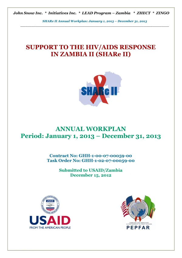 Support to the HIV/AIDS Response in Zambia II (SHARe II) Project: Annual Workplan, FY 2013; January 2013 - December 2013