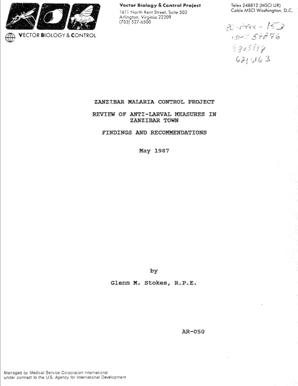 Zanzibar malaria control project : review of anti-larval measures in Zanzibar Town, findings and recommendations
