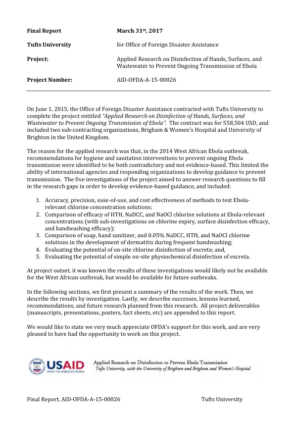 Final report : applied research on disinfection of hands, surfaces, and wastewater to prevent ongoing transmission of Ebola