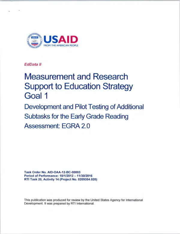 Development and pilot testing of additional subtasks for the early grade reading assessment : EGRA 2.0