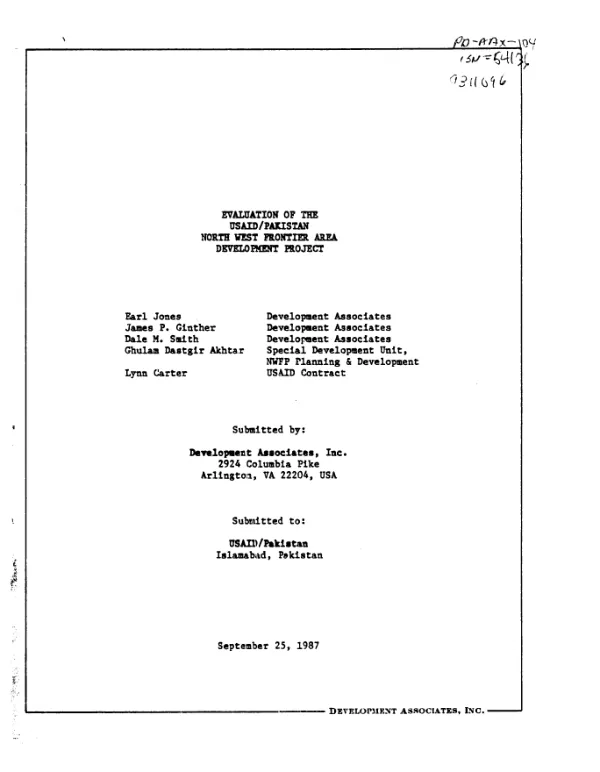 Evaluation of the USAID/Pakistan North West Frontier area development project