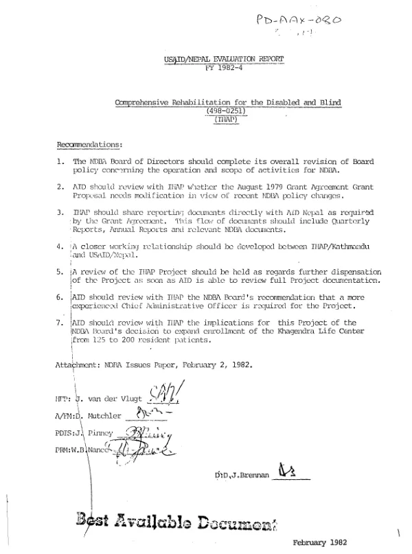 USAID/Nepal evaluation report, FY 1982-4 : comprehensive rehabilitation for the disabled and blind (498-0251) (IHAP)