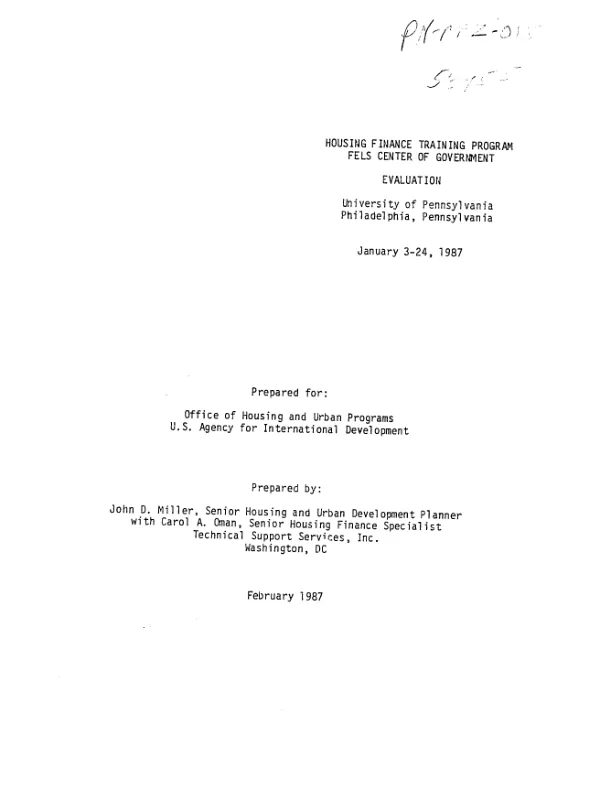 Housing finance training program, Fels Center of Government, University of Pennsylvania, Philadelphia, Pennsylvania, January 3-24, 1987 : evaluation