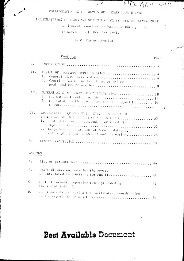 Collaboration in the review of primary health care implementation in Burma and suggestions on its further development : assignment report of a mission to Burma, 15 November - 16 December 1981