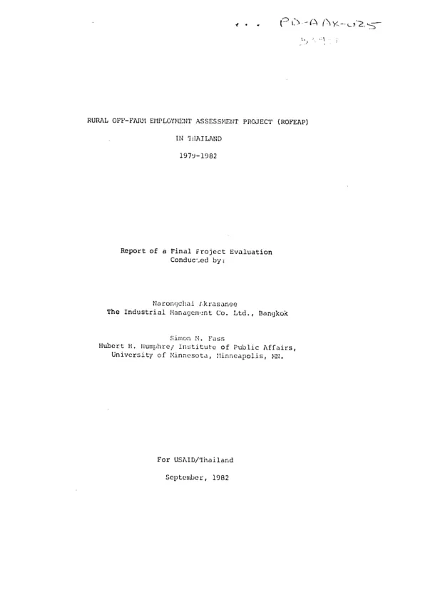 Rural off-farm employment assessment project (ROFEAP) in Thailand, 1979-1982 : report of a final project evaluation