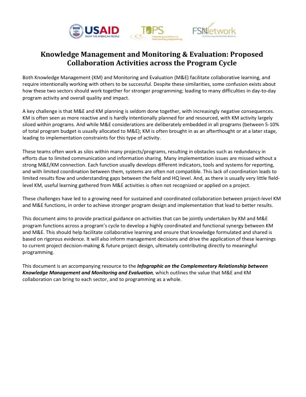 Knowledge management and monitoring & evaluation : proposed collaboration activities across the program cycle
