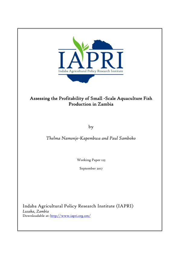 Assessing the Profitability of Small -Scale Aquaculture Fish Production in Zambia