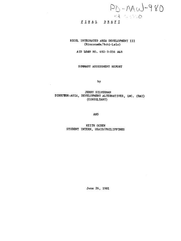 Final draft : Bicol integrated area development III (Rinconada/Buhi-Lalo), AID loan no. 492-T-056 A&B - summary assessment report