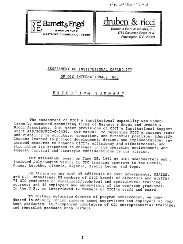 Assessment of institutional capability of OIC International, Inc. : executive summary