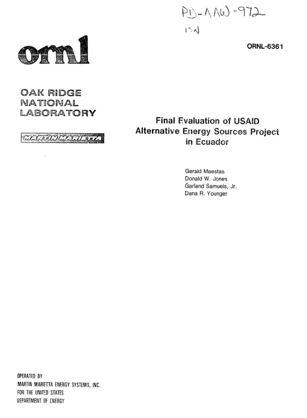 Final evaluation of USAID alternative energy sources project in Ecuador (project no. 518-0029/loan no. 518-W-039)