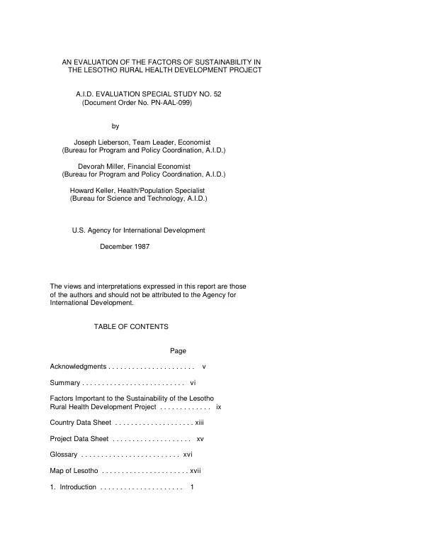Evaluation of the factors of sustainability in the Lesotho rural health development project