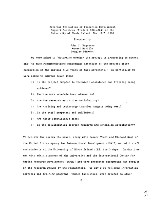 External evaluation of fisheries development support services (project 936-4024) at the University of Rhode Island, Nov. 5-7, 1986
