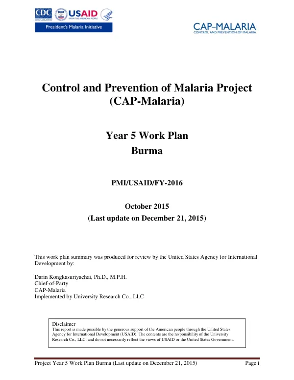 CAP-Malaria Burma PY5 Workplan