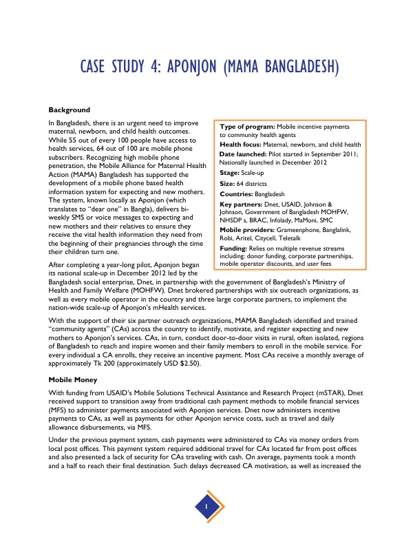 Mobile Money for Health Case Study: Aponjon (MAMA Bangladesh)