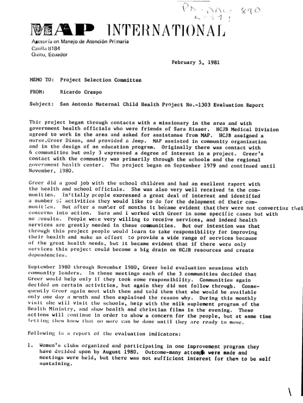 San Antonio maternal child health project no. 1303 evaluation report
