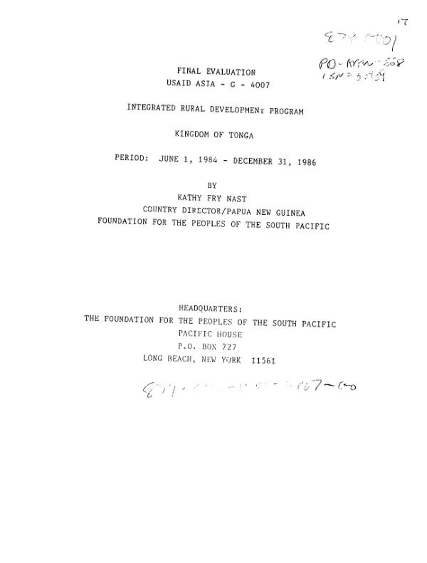 Final evaluation, USAID ASIA-G-4007 : integrated rural development program, Kingdom of Tonga, June 1, 1984-December 31, 1986