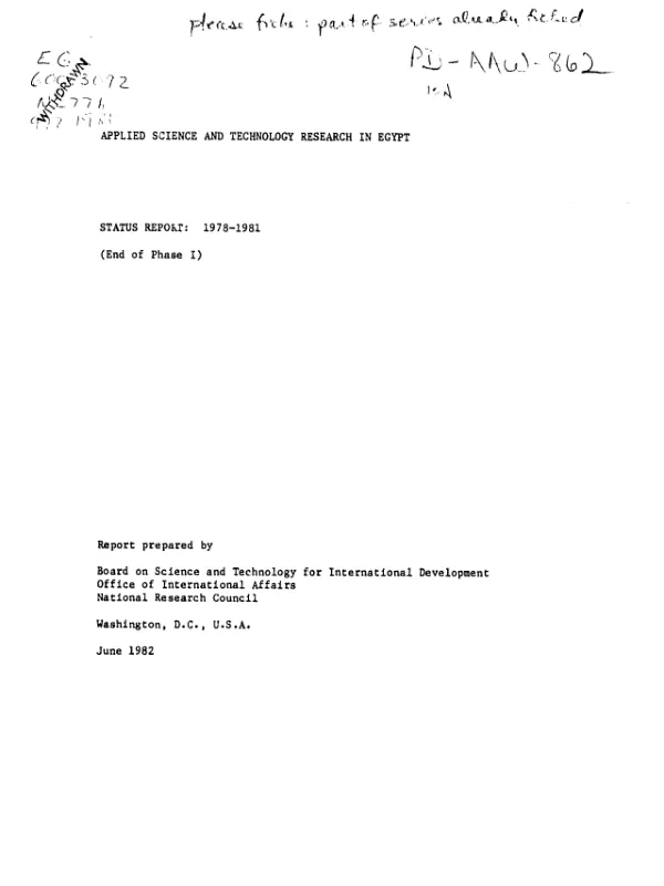 Applied science and technology research in Egypt - status report : 1978-1981 (end of phase I)