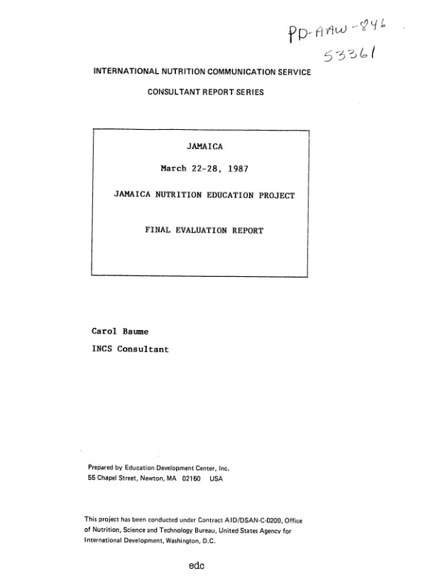 Jamaica, March 22-28, 1987, Jamaica nutrition education project : final evaluation report