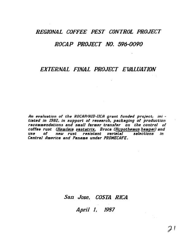 Regional coffee pest control project, ROCAP project no. 596-0090 : external final project evaluation