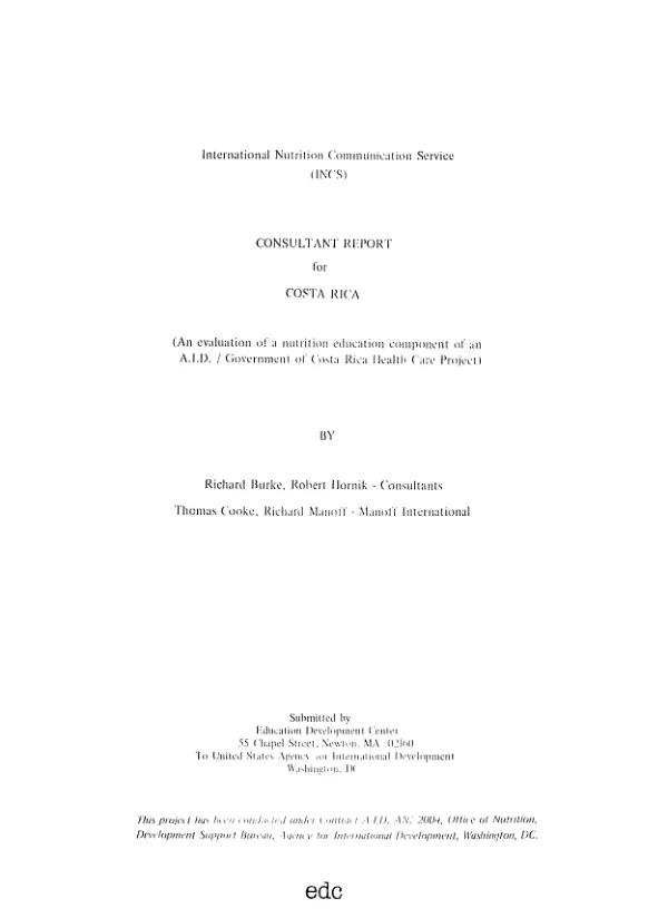 Consultant report for Costa Rica (an evaluation of a nutrition education component of an AID/Government of Costa Rica health care project)