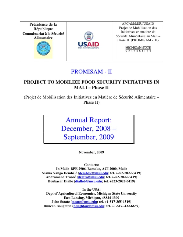 Project to mobilize food security initiatives in Mali - phase II (PROMISAM II) [Projet de mobilisation des initiatives en matiere de securite alimentaire au Mali] : annual activity report, December 2008-September 2009