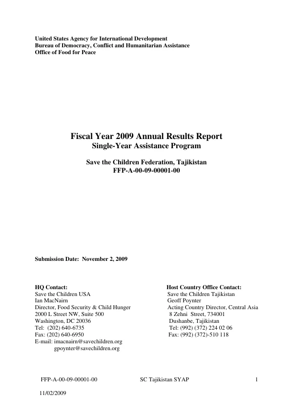 Fiscal year 2009 annual results report : single-year assistance program -- Save the Children Federation, Tajikistan, FFP-A-00-09-00001-00