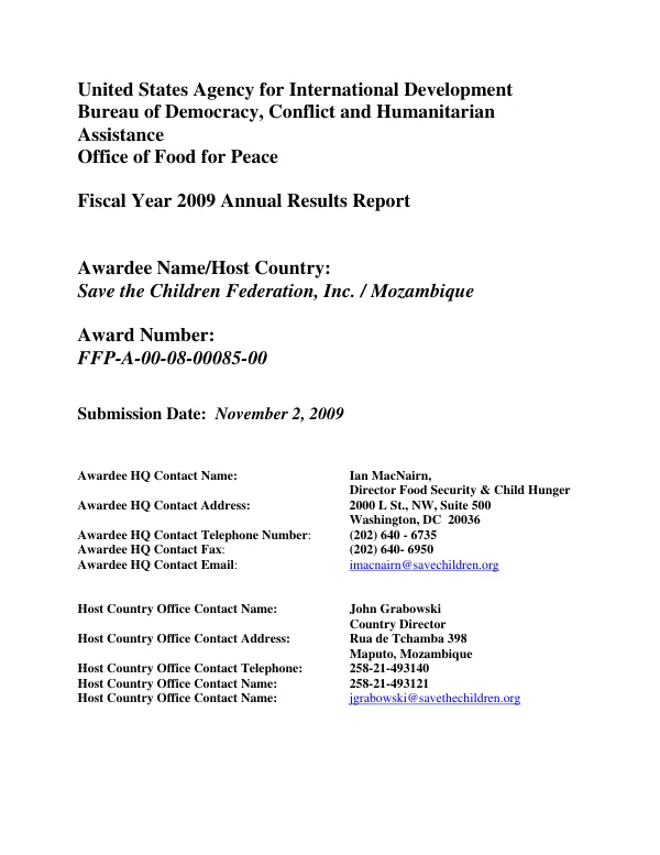 Fiscal year 2009 : annual results report -- Save the Children Federation, Inc./Mozambique, award number : FFP-A-00-08-00085-00