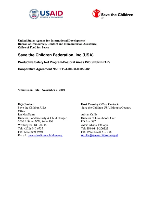 Productive Safety Net Program-Pastoral Areas Pilot (PSNP-PAP) -- cooperative agreement no: FFP-A-00-08-00050-02