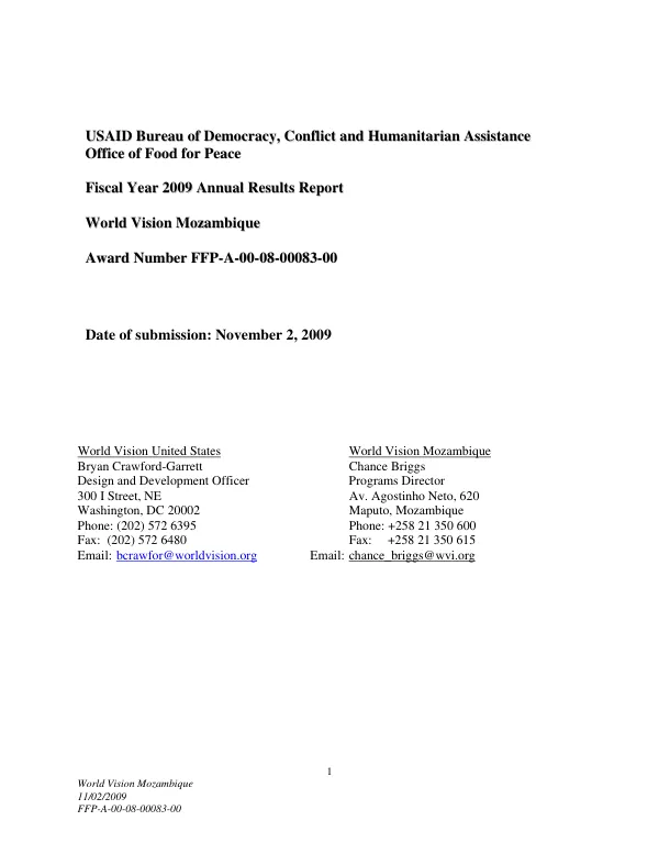 Fiscal year 2009 annual results report : World Vision Mozambique award number FFP-A-00-08-00083-00