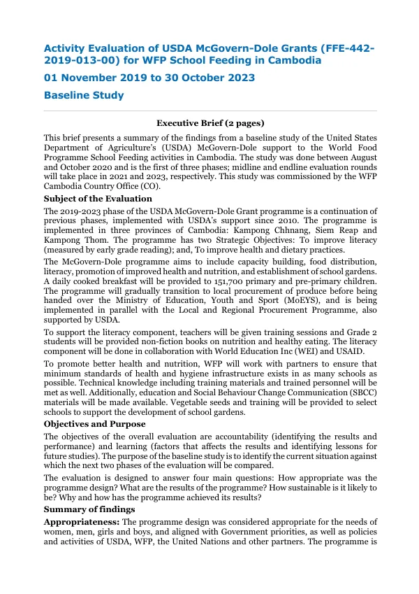 [USDA] Activity evaluation of USDA McGovern-Dole grants for WFP School feeding in Cambodia : baseline study, 01 November 2019 to 30 October 2023
