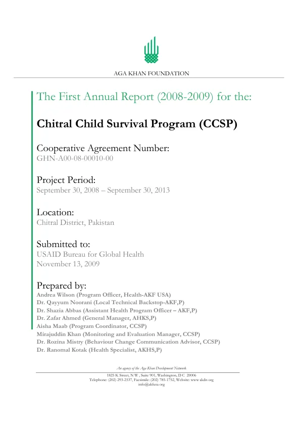 The first annual report (2008-2009) for the Chitral child survival program (CCSP)