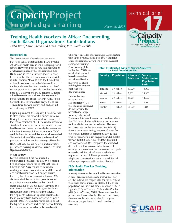 Training health workers in Africa : documenting faith-based organizations" contributions