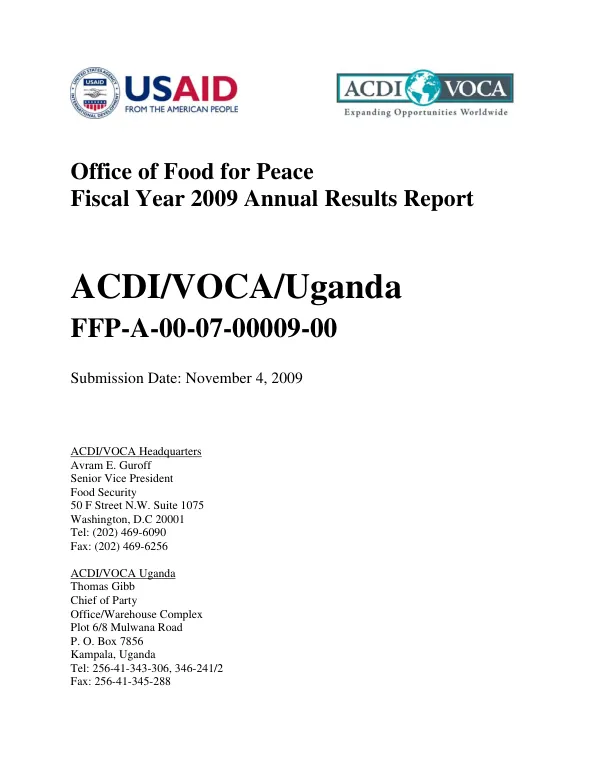 Office of Food for Peace : fiscal year 2009 annual results report -- ACDI/VOCA/Uganda, FFP-A-00-07-00009-0