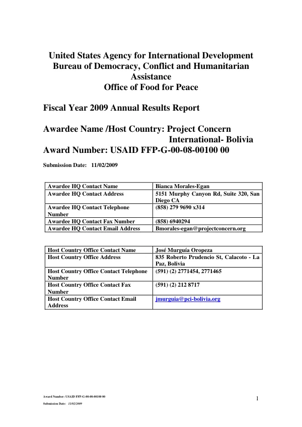 Fiscal year 2009 annual results report : Bolivia, award number FFP-G-00-08-00100-00