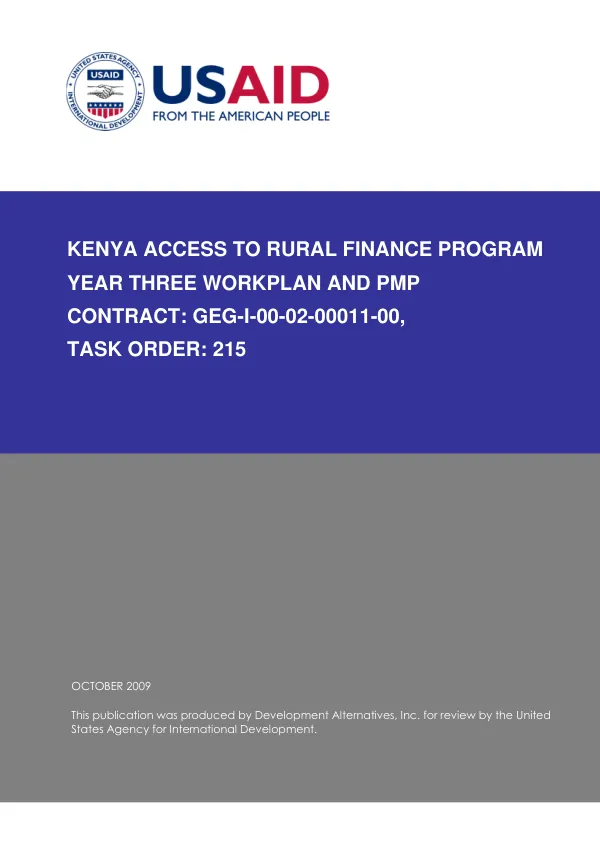 Kenya access to rural finance program year three workplan and PMP contract : GEG-I-00-02-00011-00