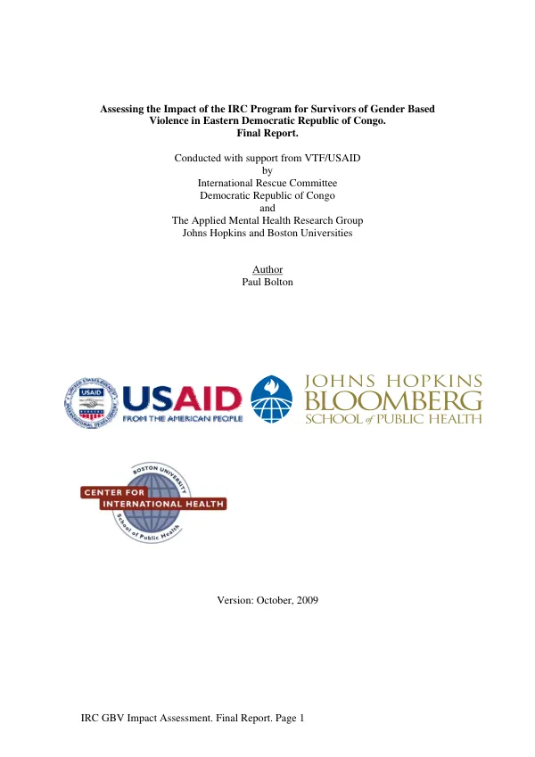 Assessing the impact of the IRC program for survivors of gender based violence in eastern Democratic Republic of Congo : final report