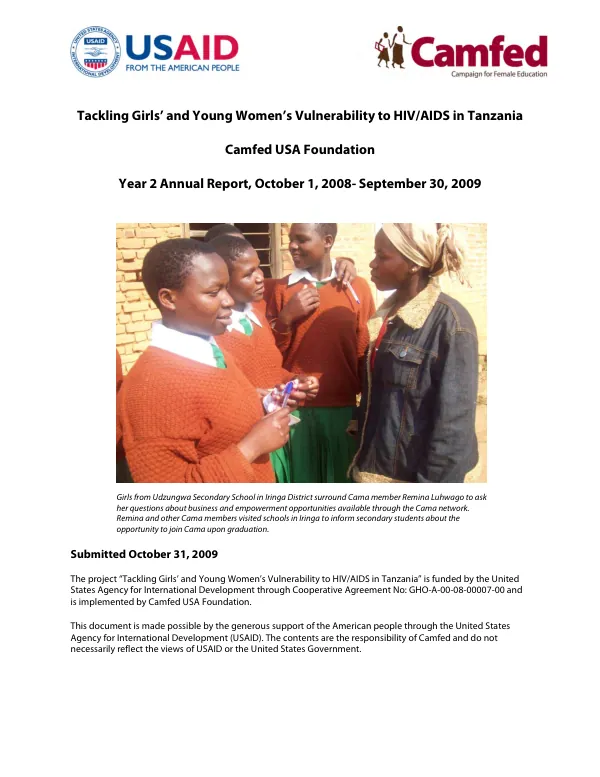 Tackling girls" and young women"s vulnerability to HIV/AIDS in Tanzania : year 2 annual report, October 1, 2008-September 30, 2009