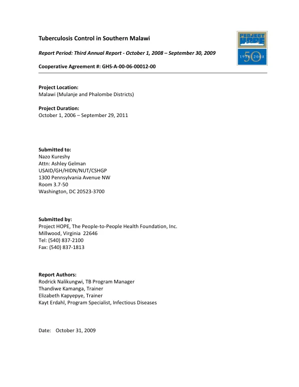 Tuberculosis control in Southern Malawi report period : third annual report, October 1, 2008-September 30, 2009