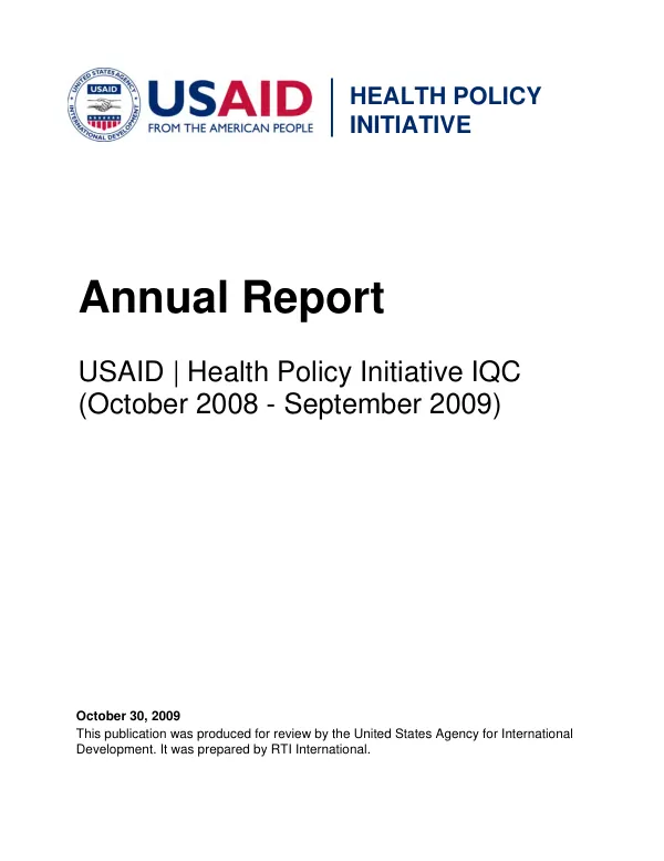 USAID Health policy initiative IQC : annual report -- October 2008-September 2009