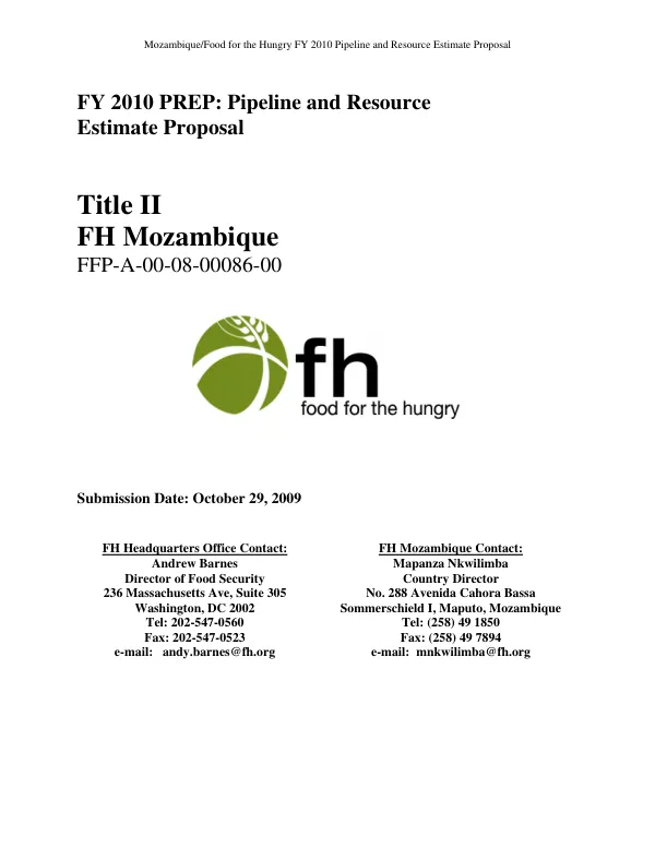 FY 2010 PREP : pipeline and resource estimate proposal -- Title II FH Mozambique FFP-A-00-08-00086-00