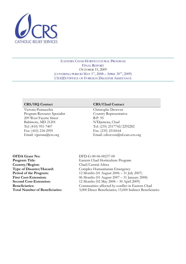 Eastern Chad horticultural program : final report, (covering period May 1st, 2008-April 30th, 2009)