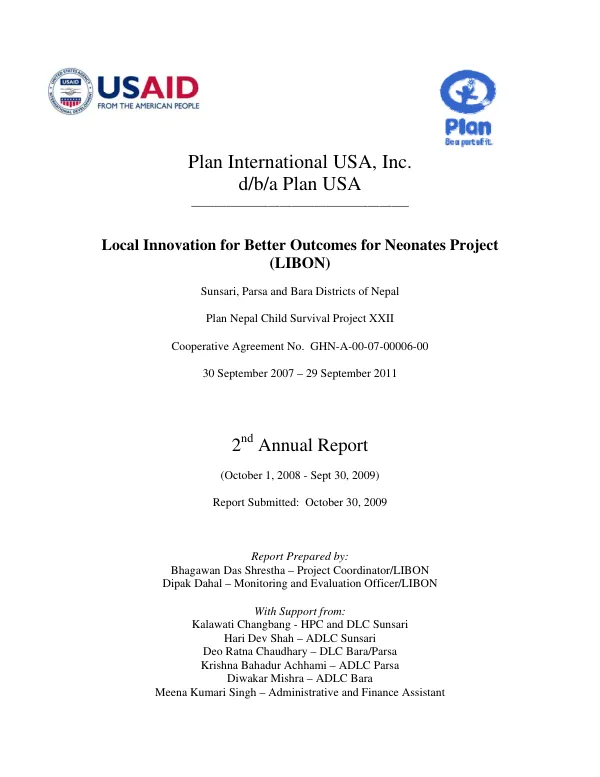 Local innovation for better outcomes for neonates project (LIBON) : 2nd annual report, (October 1, 2008-Sept. 30, 2009)
