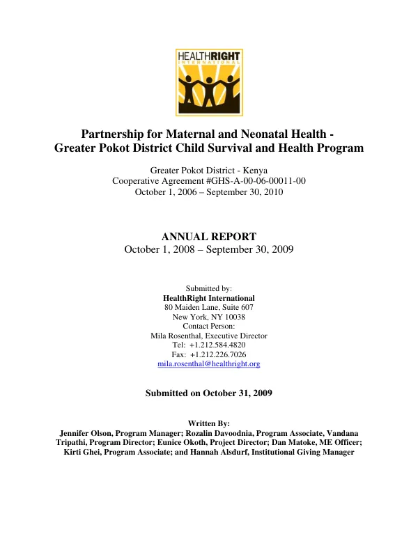 Partnership for maternal and neonatal health - Greater Pokot District child survival and health program : annual report, October 1, 2008-September 30, 2010
